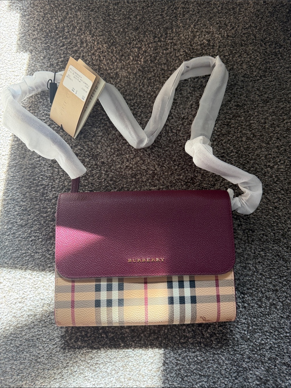 Burberry Plum Leather Flap Crossbody with Vintage Check